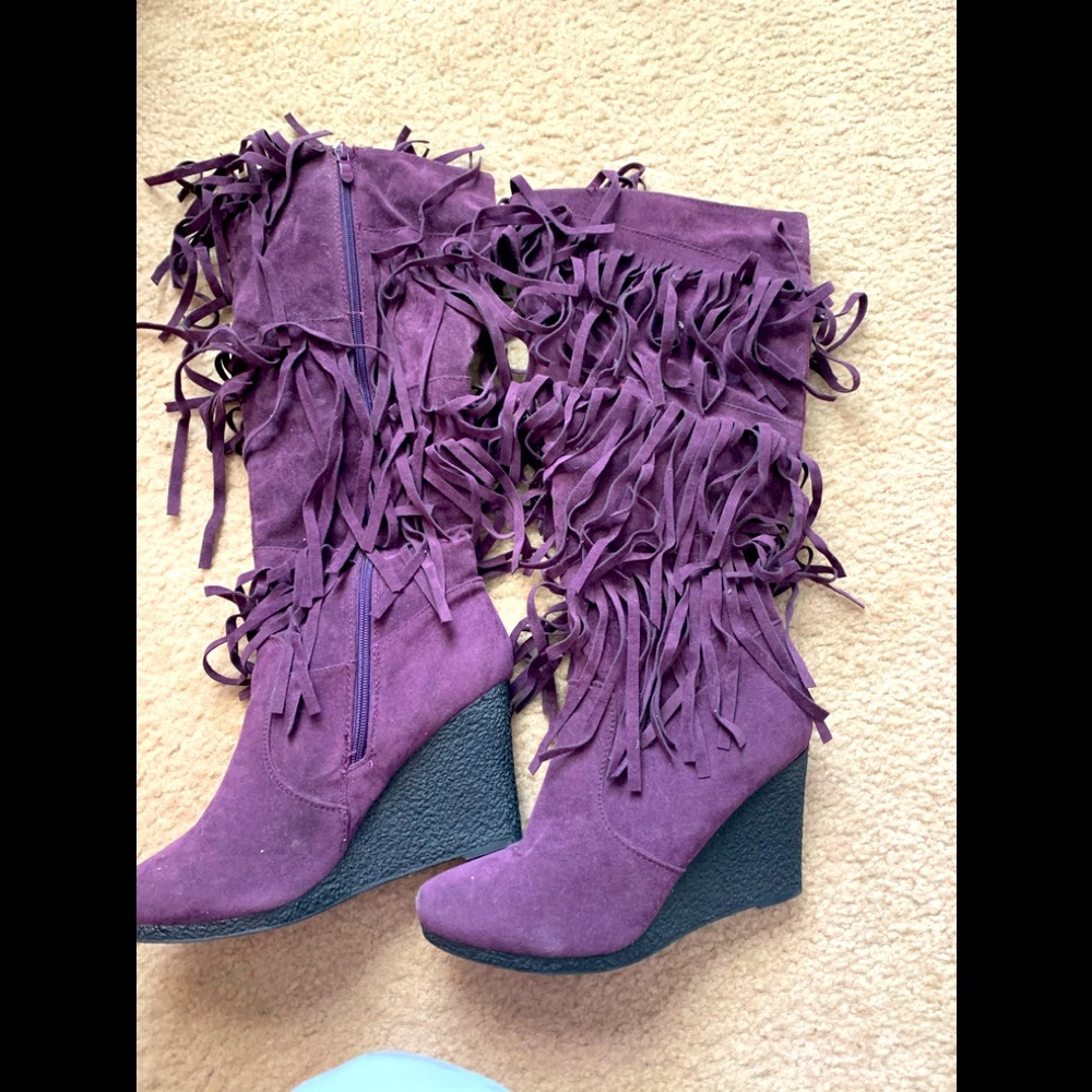 Plum purple wedge fringe boots